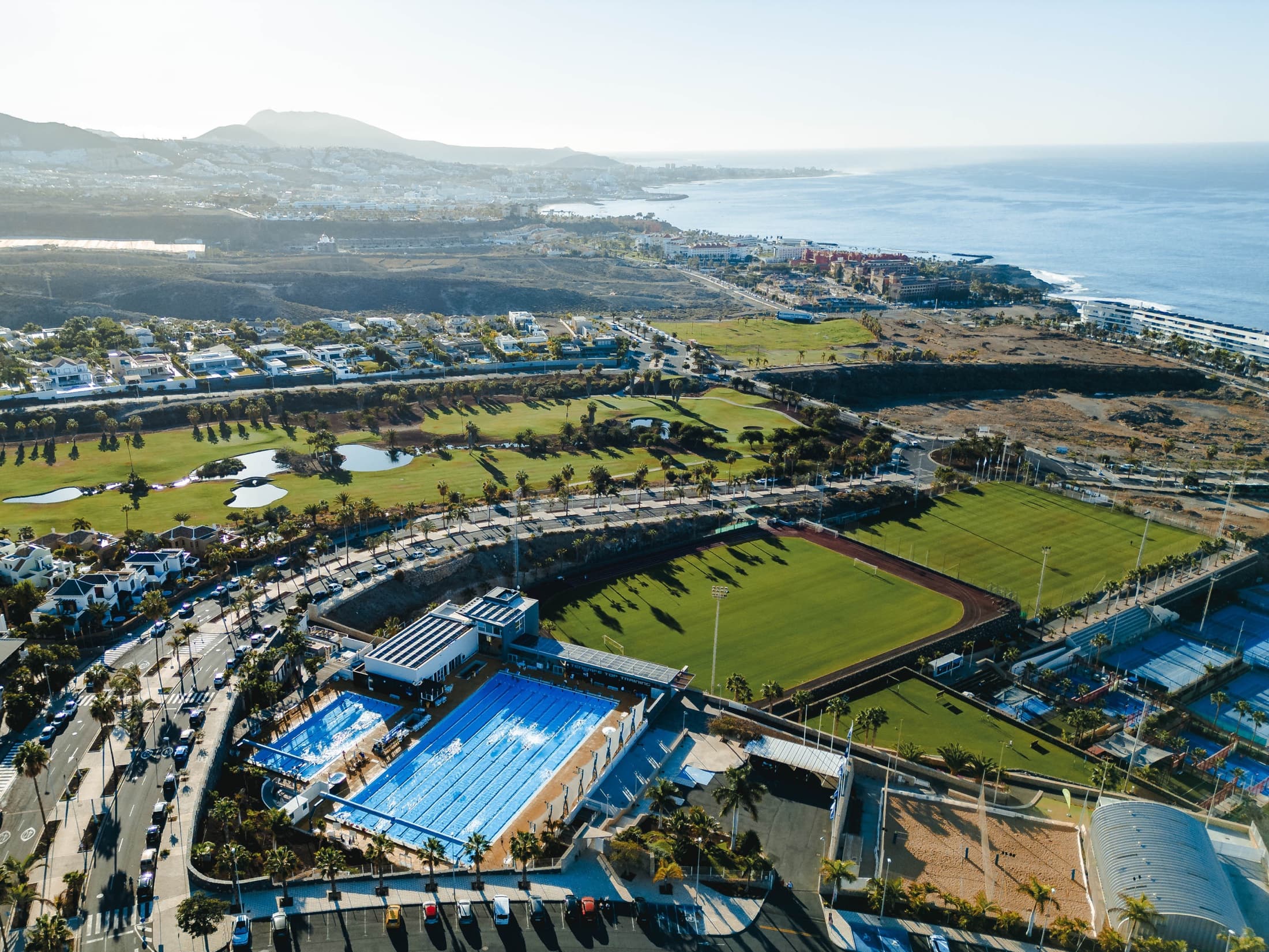 Aerial view of Tenerife Top Training beside the Atlantic